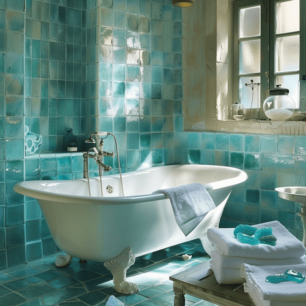 Spa-like Mediterranean bathroom with rejuvenating turquoise tiles, clean white features, a timeless clawfoot tub, luxurious towels, and a display of turquoise sea glass in a wooden tray