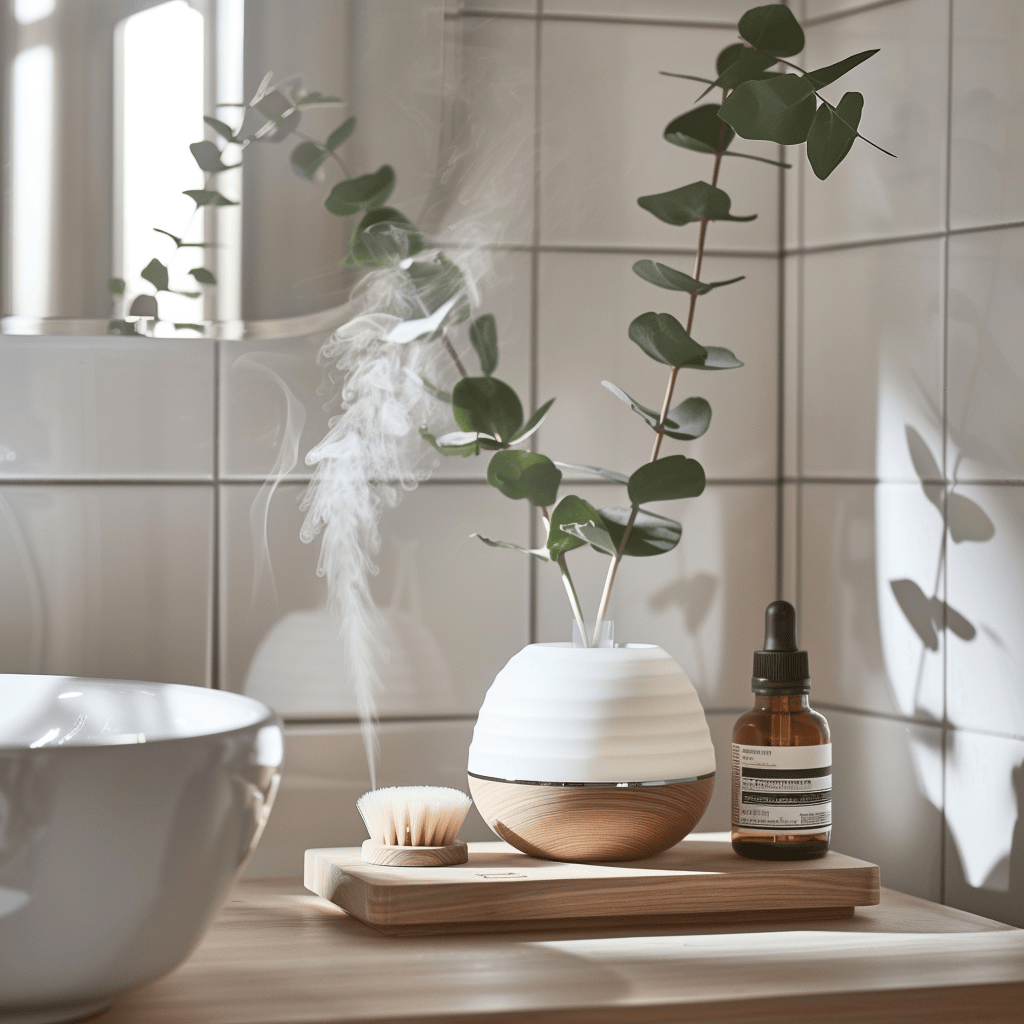 Spa like Scandinavian bathroom featuring a subtle reed diffuser emitting a soothing lavender fragrance