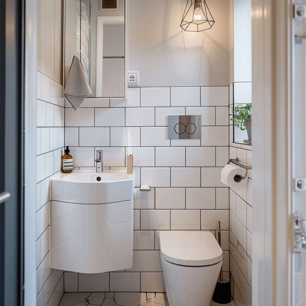 Space optimizing Scandinavian bathroom with a smart configuration including a suspended sink and corner toilet