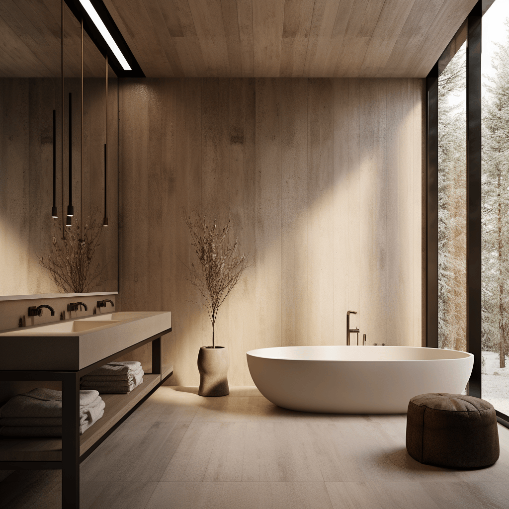 Spacious Japandi style bathroom with freestanding tub and harmonious decor