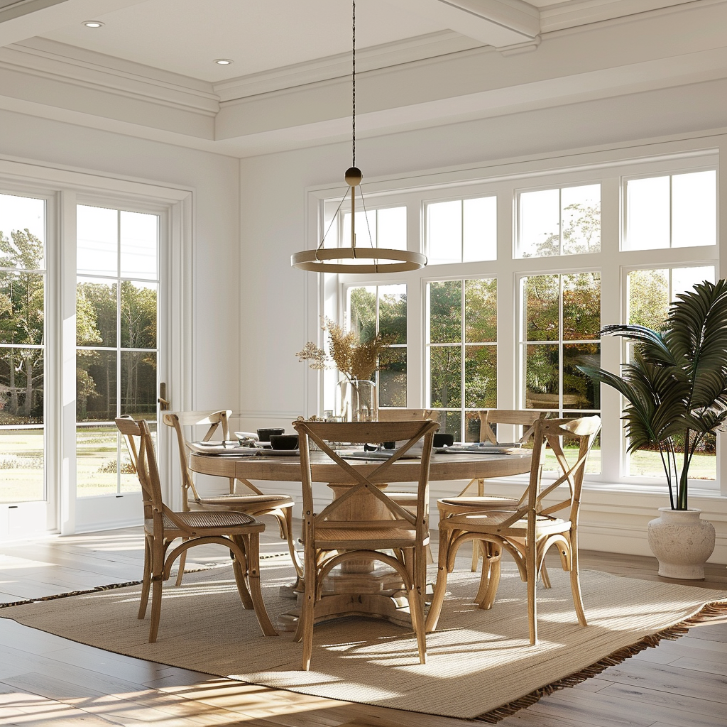 Spacious farmhouse interior with abundant natural light enhancing neutral tones