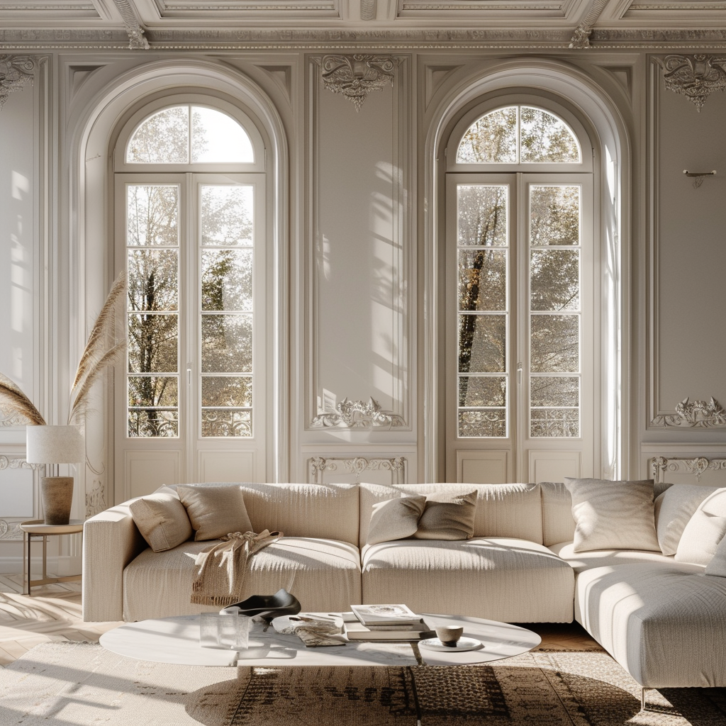 Spacious living room with floor to ceiling windows, showcasing minimalist furniture and soft, neutral tones for a serene ambiance