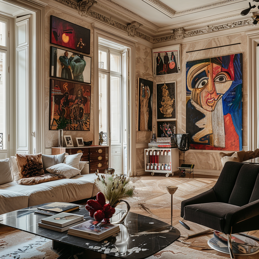 Spacious living room with walls adorned with an impressive collection of paintings and sculptures, creating a dynamic gallery