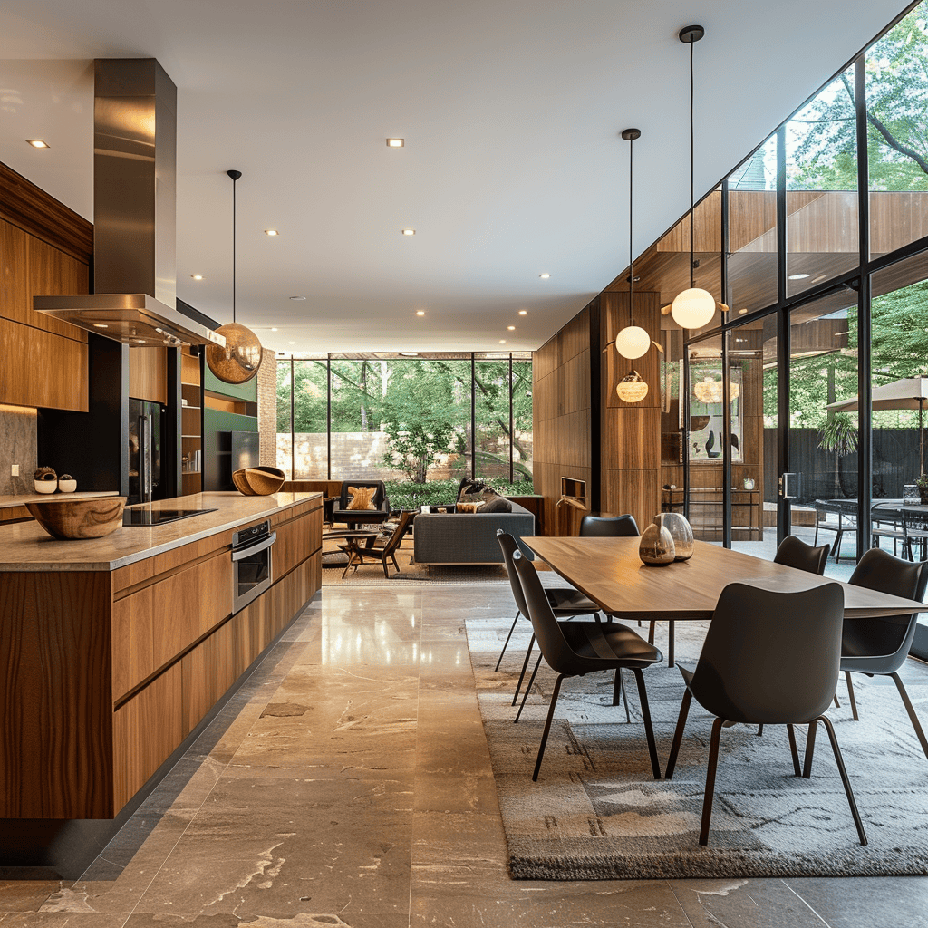 Spacious mid-century modern kitchen integrated with dining and living areas, featuring an open floor plan for enhanced functionality