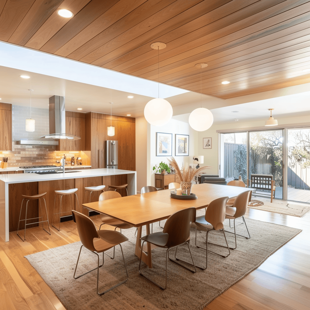 Spacious mid-century modern kitchen integrated with dining and living areas, featuring an open floor plan for enhanced functionality3