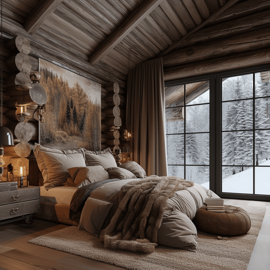 Spacious rustic bedroom with exposed wooden beams for an authentic feel