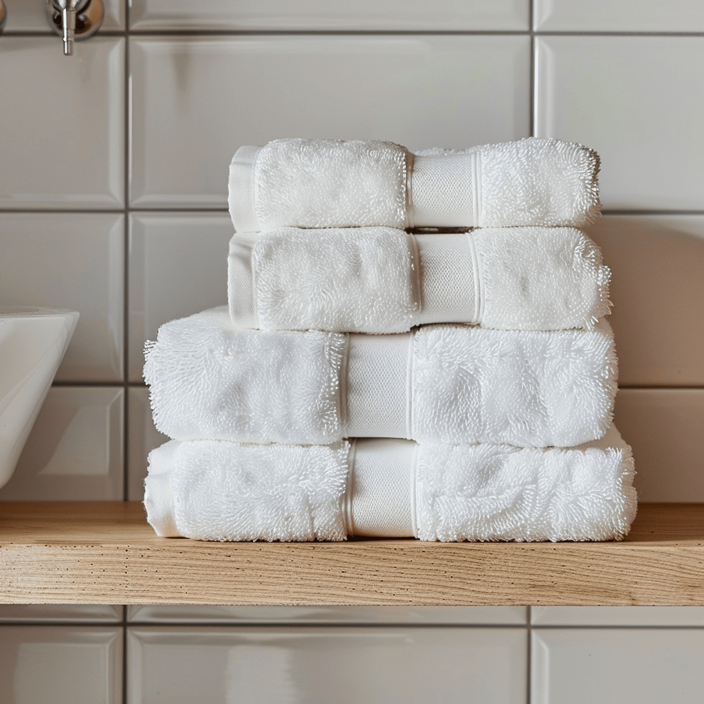 Stack of fluffy white towels on a light wood shelf in a Scandinavian bathroom