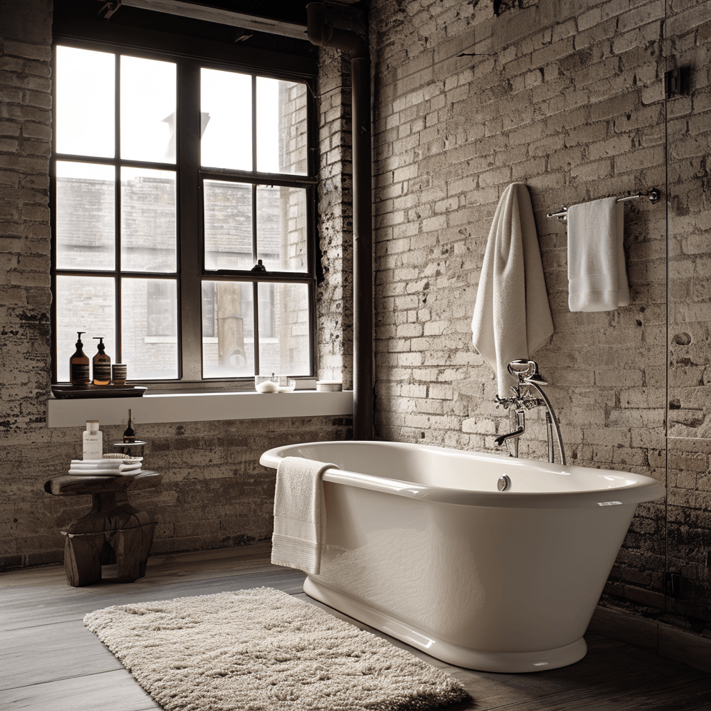 Stone accent wall enhancing the rustic feel of a bathroom