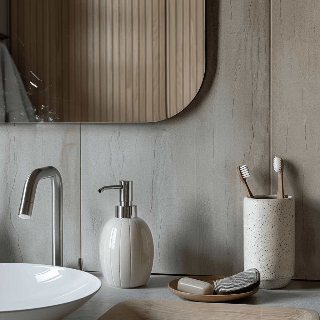 Streamlined Scandinavian bathroom featuring a simple ceramic soap dispenser and a contemporary stainless steel toothbrush holder