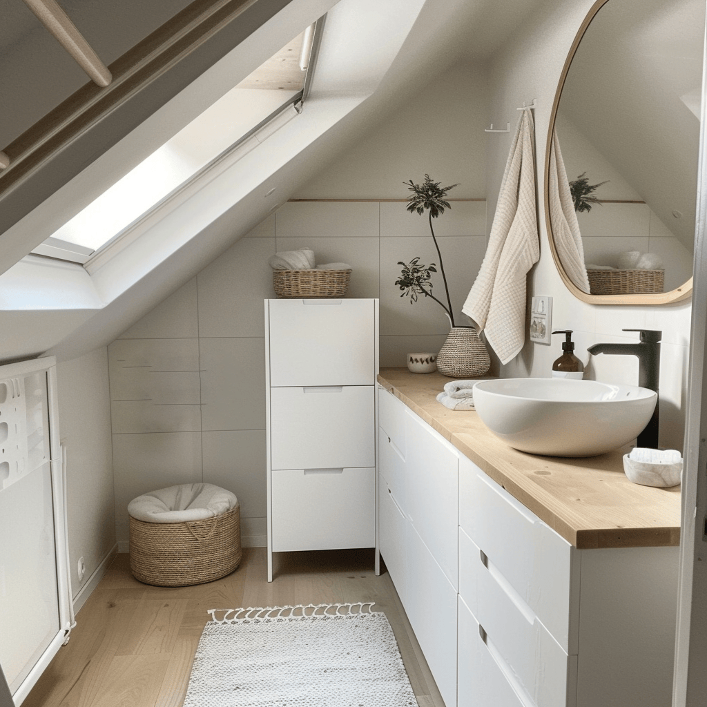 Streamlined Scandinavian bathroom showcasing a functional arrangement that enhances space utilization