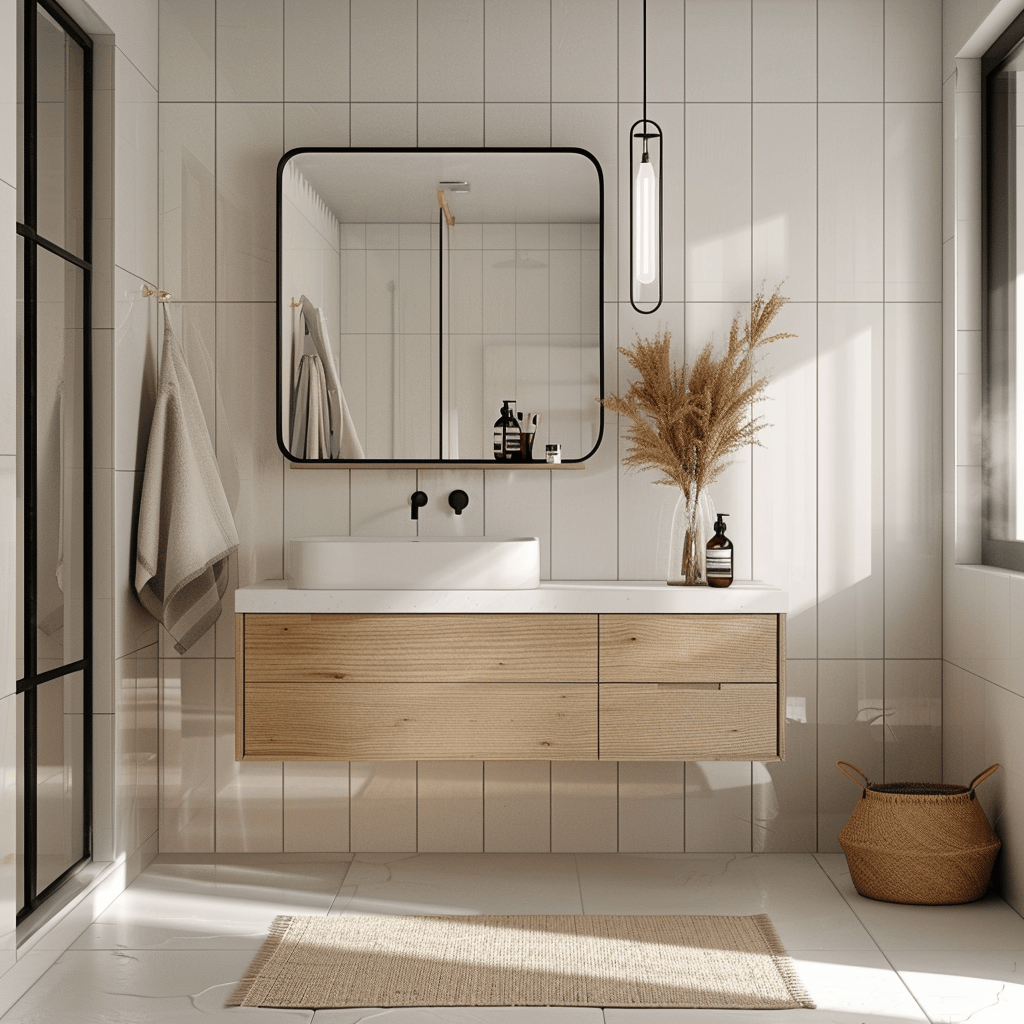 Streamlined Scandinavian bathroom with crisp lines a hovering vanity and vast unbroken tile expanses
