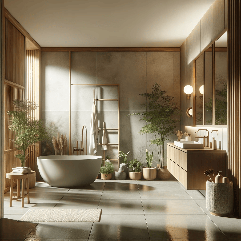 Stunning Japandi bathroom featuring a harmony of natural stone and wood with minimalist decor