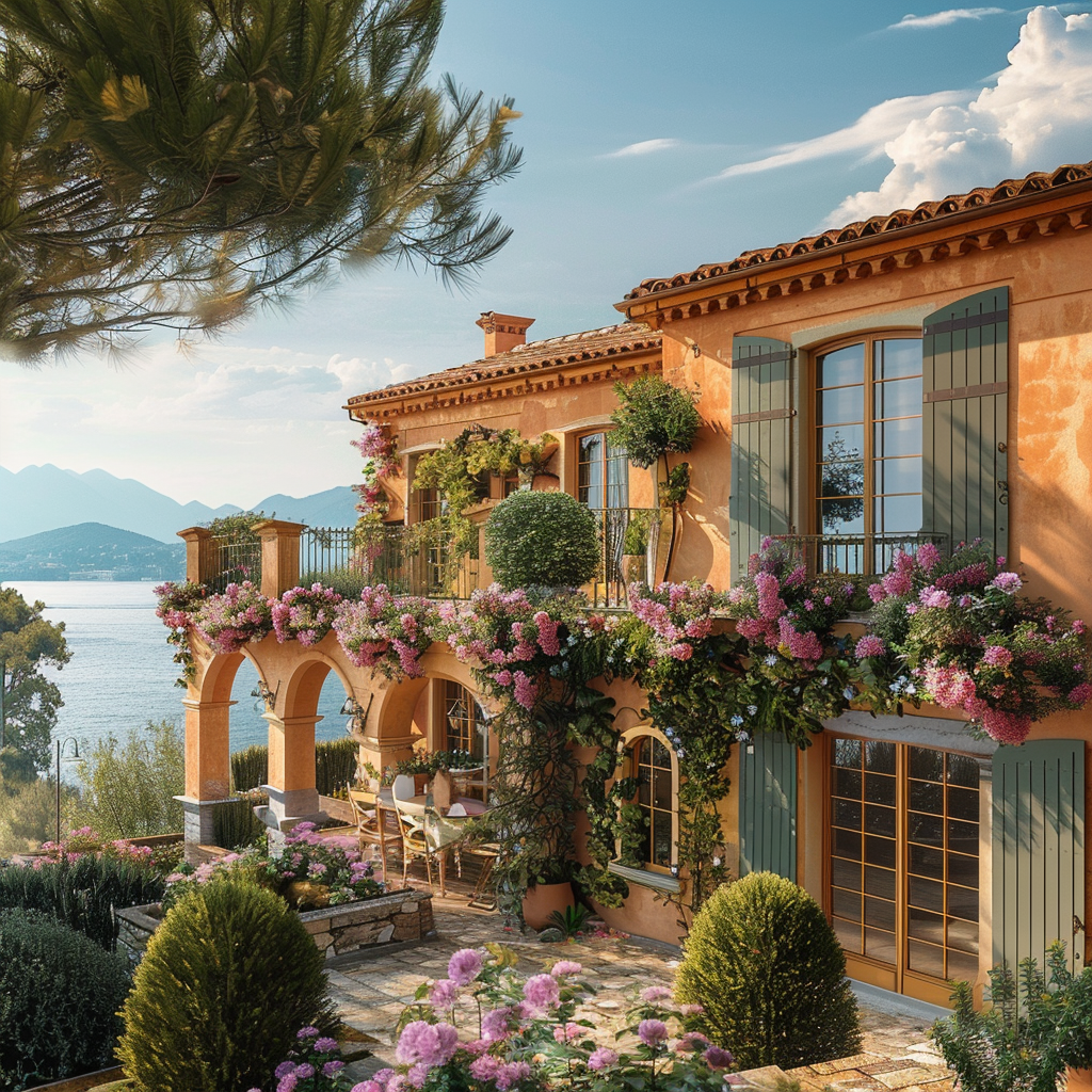 Stunning Mediterranean villa featuring sun-warmed walls, vibrant shutters, and a sea-view terrace
