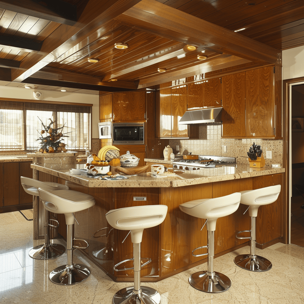 Stylish 70s kitchen with open shelving and decorative dishware