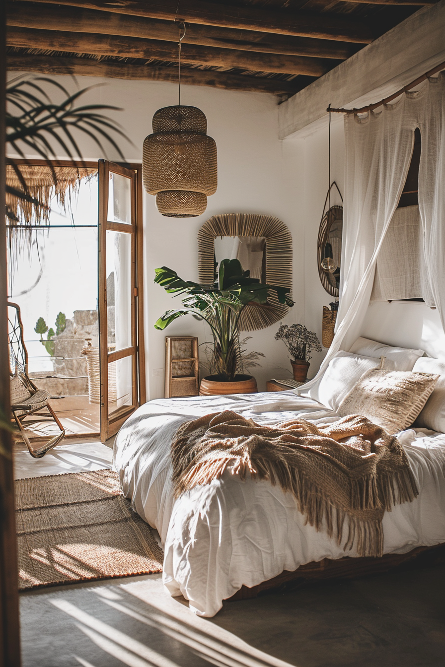 Stylish Bohemian bedroom with patterned curtains and wooden accents