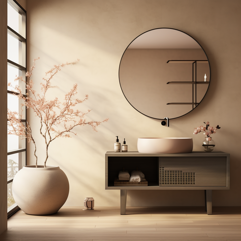 Stylish Japandi bathroom mirror framed by organic materials and minimal decor
