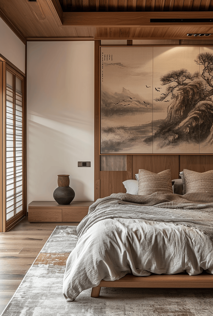 Stylish Japandi bedroom with a harmonious blend of East and West elements