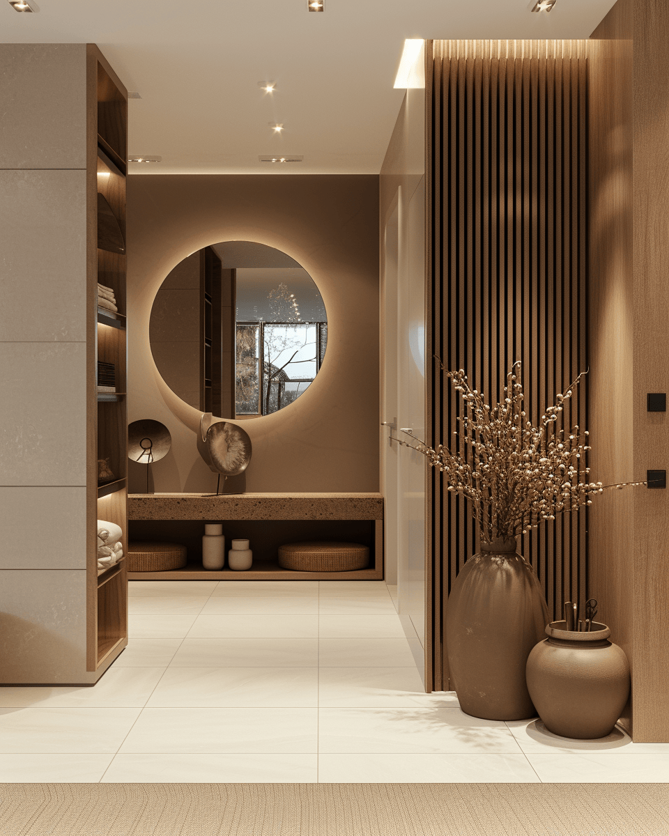 Stylish Japandi entrance way that combines modern elegance with traditional simplicity