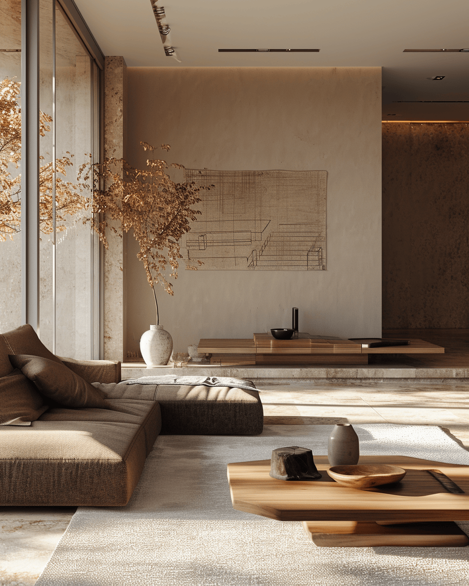 Stylish Japandi living room with sustainable materials and layered textiles