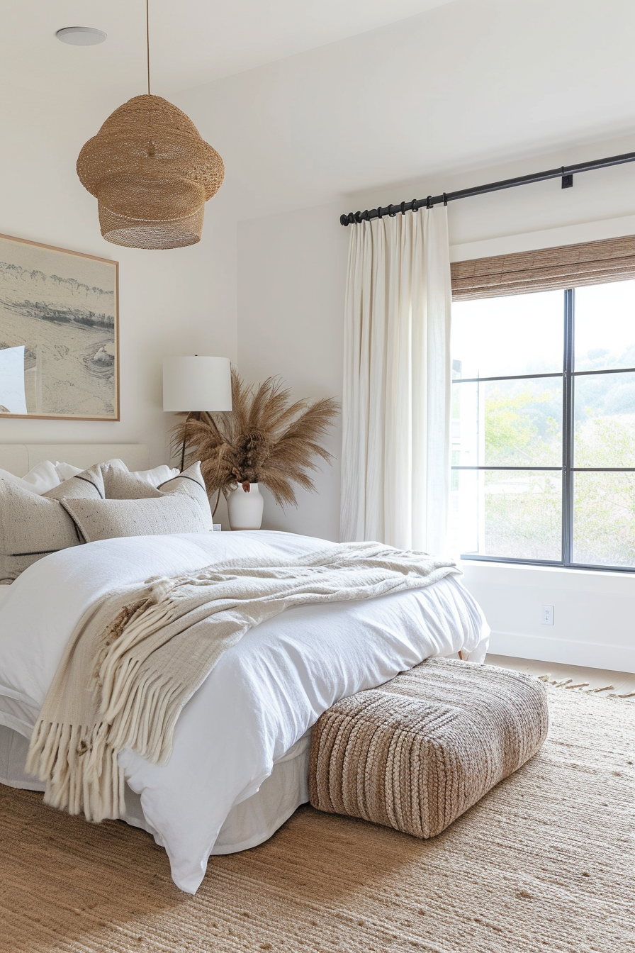 Stylish farmhouse bedroom with bold patterns and a mix of textures