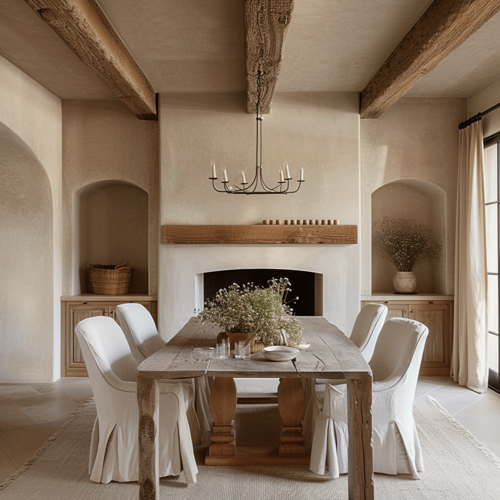 Stylish farmhouse dining room with floating wooden shelves and vintage decor