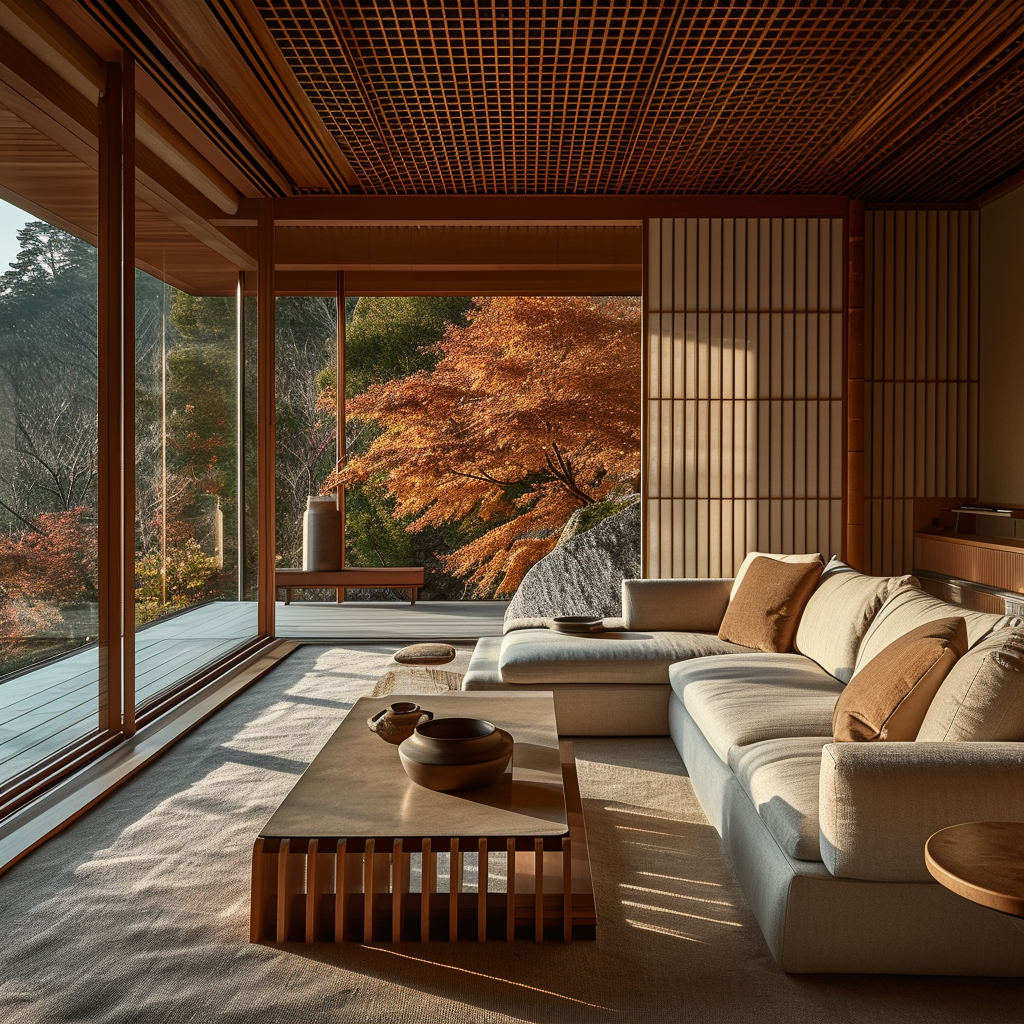 Stylish living room with Japanese influences, including a koi pond and bamboo decor..png