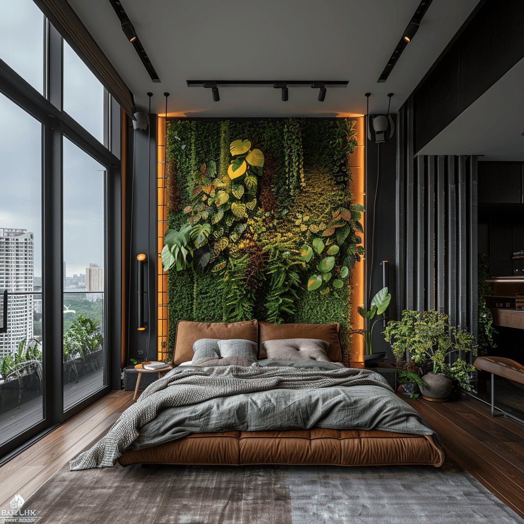 Stylish modern bedroom demonstrating the impact of a well-designed vertical garden on creating an invigorating and eco-friendly environment