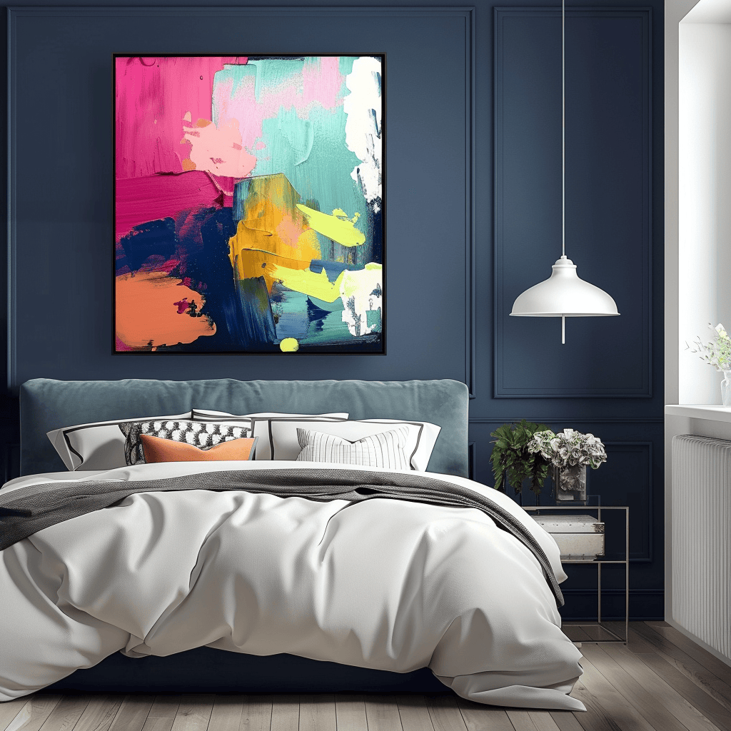 Stylish modern bedroom demonstrating the impact of carefully chosen abstract art on creating an engaging and dynamic environment