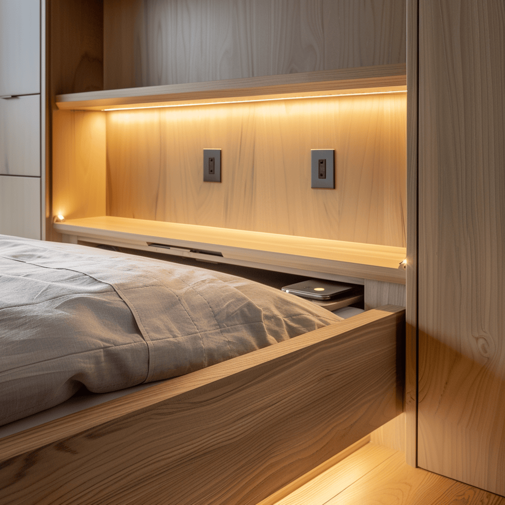 Stylish modern bedroom demonstrating the impact of well-designed power integration on creating a polished and functional environment