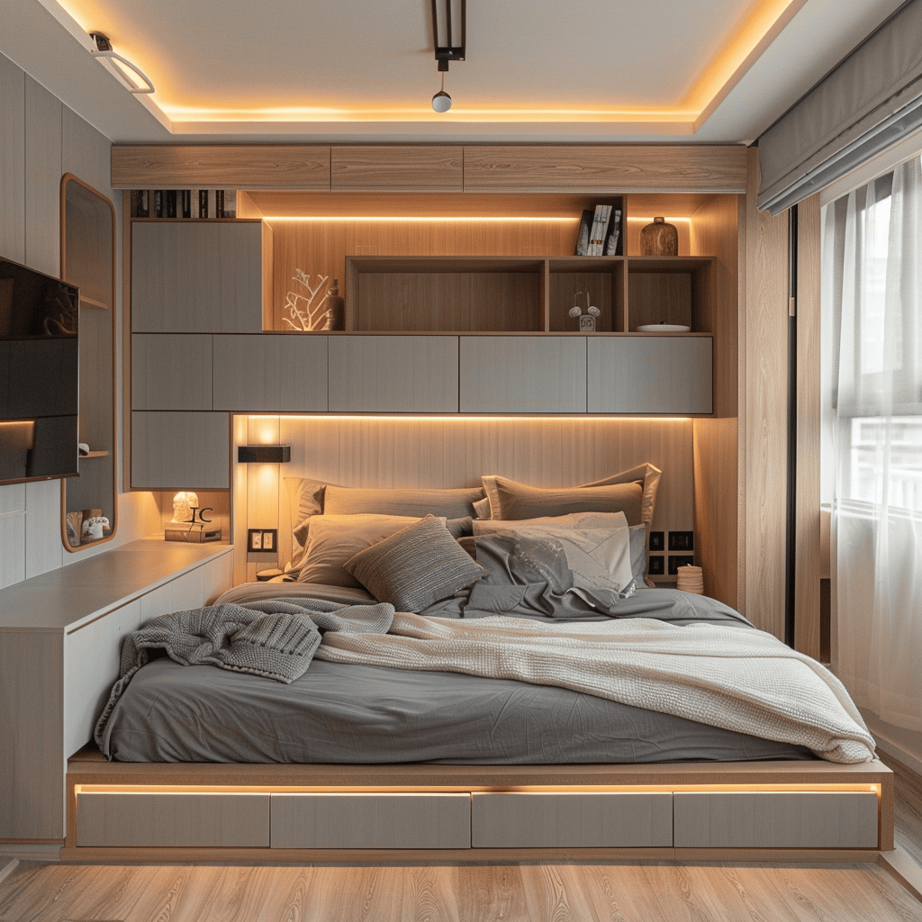 Stylish modern bedroom demonstrating the impact of well-designed solutions on creating a comfortable and practical small space