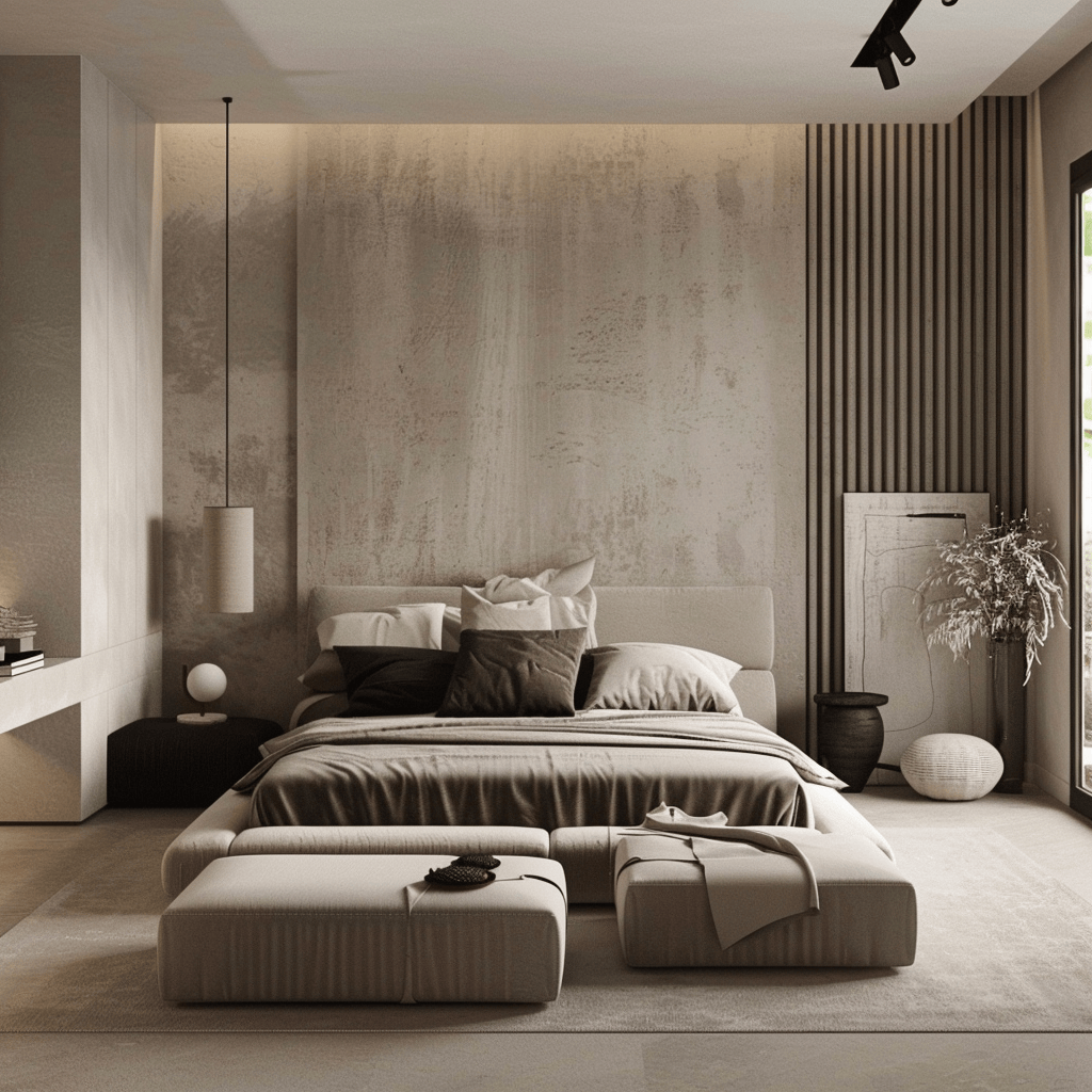 Stylish modern bedroom showcasing minimalist aesthetics and a clutter-free relaxing environment