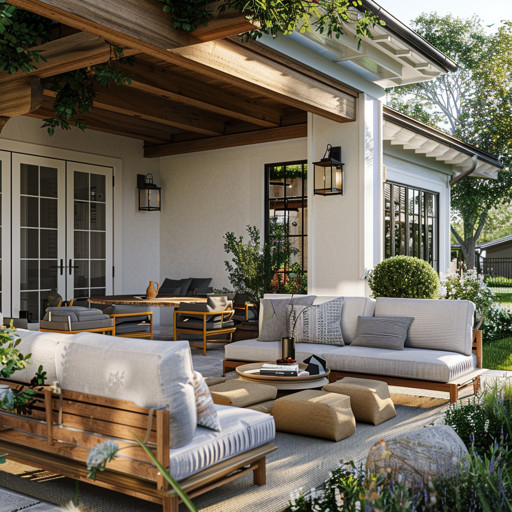 Stylish outdoor living area seamlessly extending the modern farmhouse aesthetic outdoors