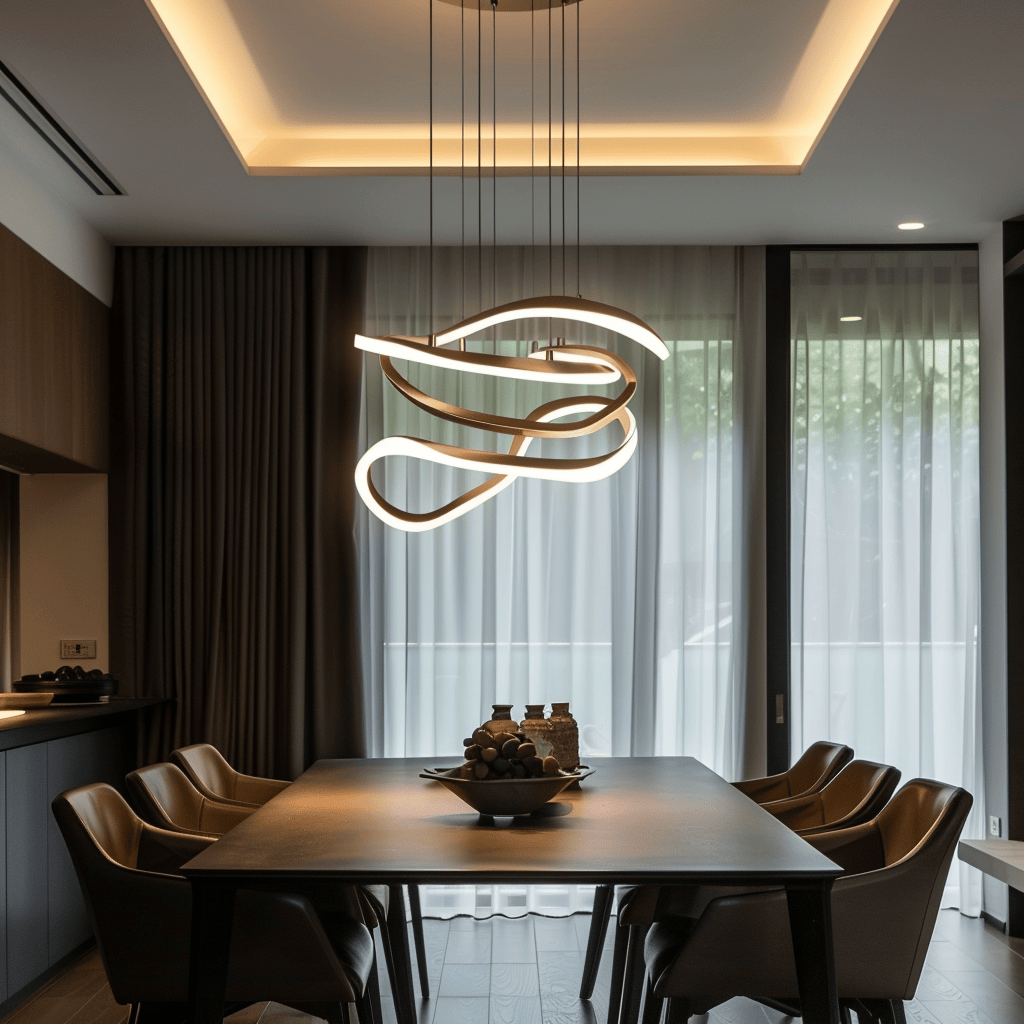 Stylish pendant light fixtures provide focused illumination in this modern dining room, creating a warm and inviting atmosphere