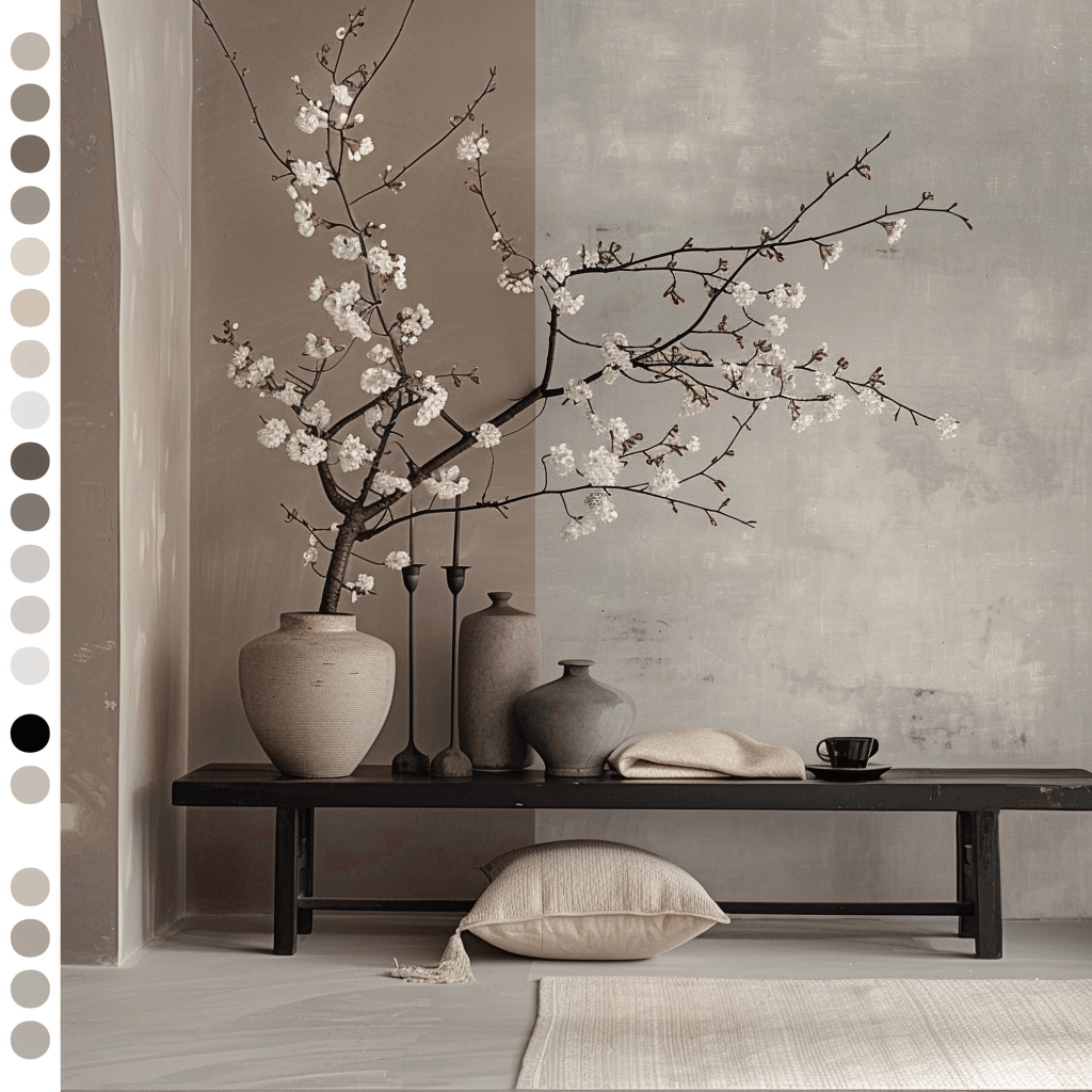 Subtle and elegant soft grays, enhancing the tranquil and understated elegance of Japandi-style living spaces