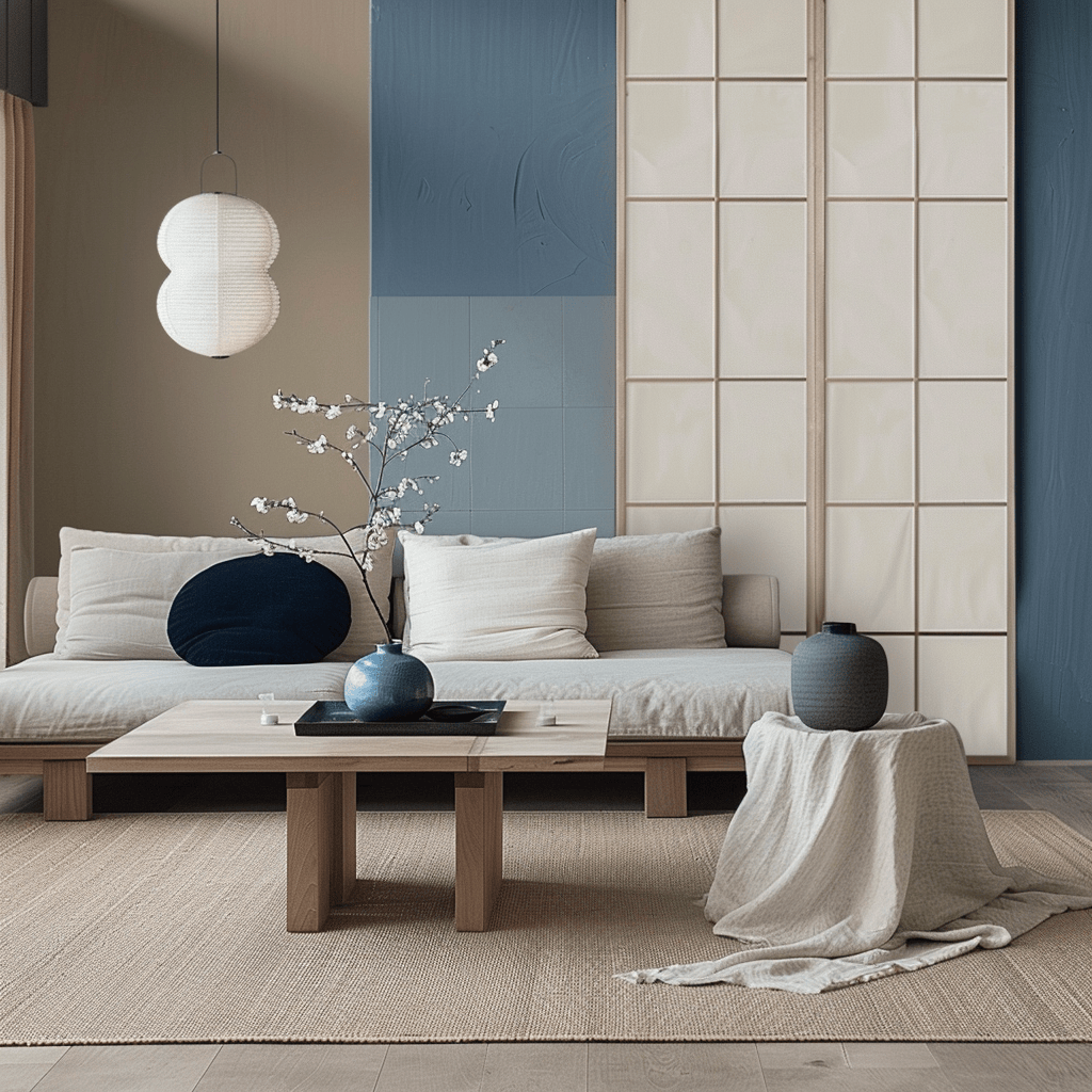 Subtle and soothing muted blue tones, enhancing the tranquil and airy feel of a Japandi-inspired living space