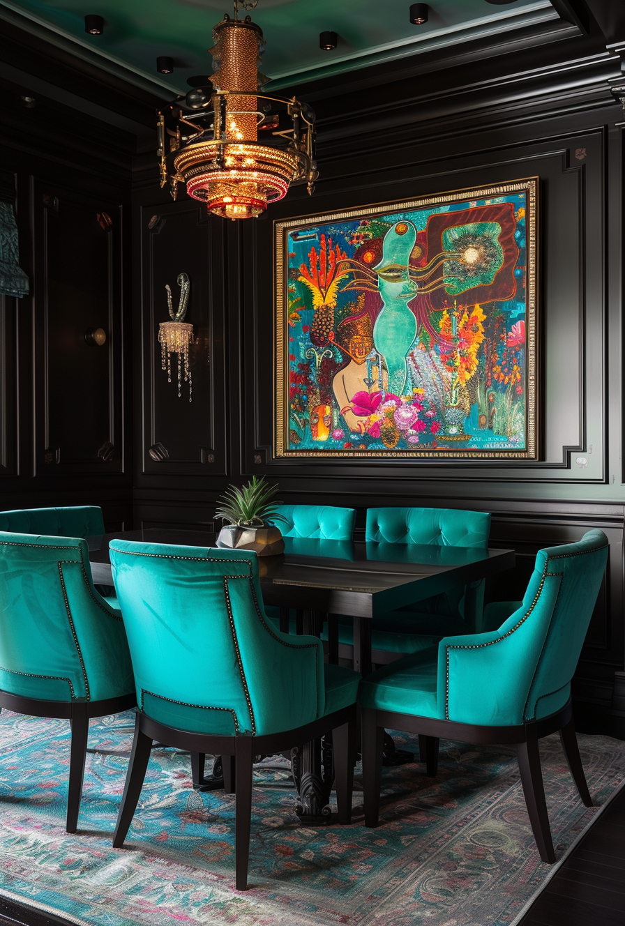 Subtle animal prints adding depth to an Art Deco dining room decor