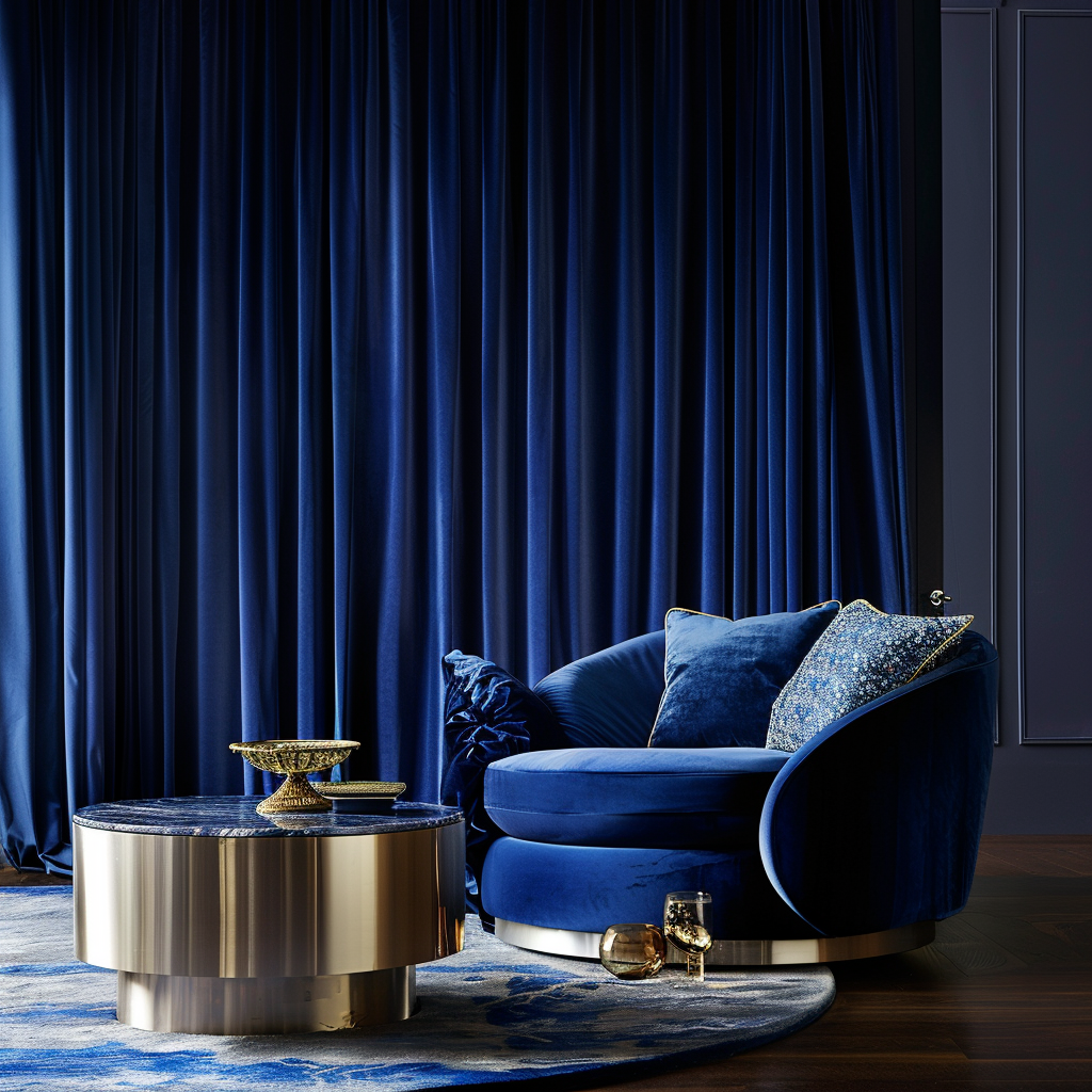 Sumptuous royal blue velvet curtains pool gently on the floor, adding a touch of luxury to an elegant living room3