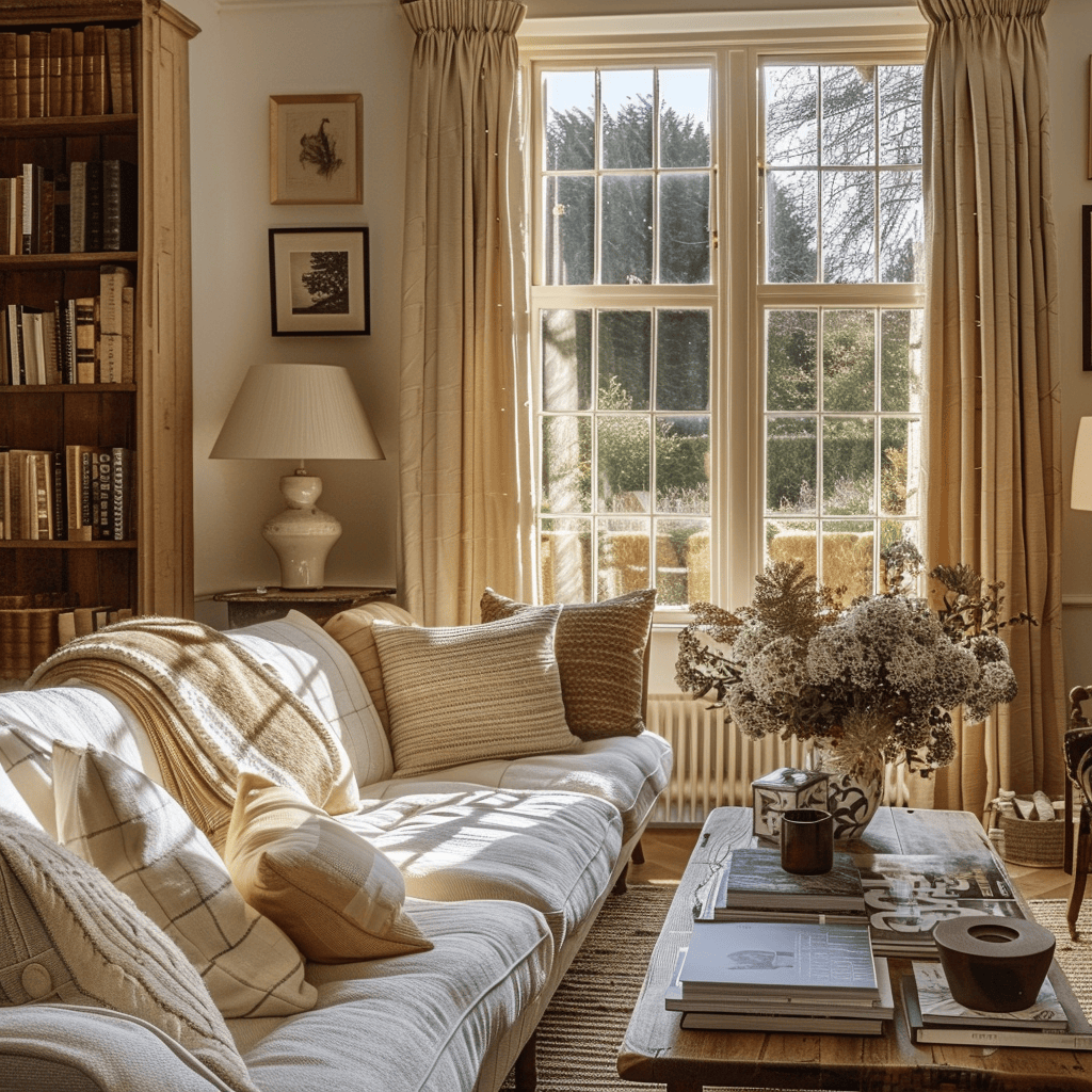 Sunlight streams through a large window, illuminating a charming English countryside living room adorned with soft colors and natural materials, exuding timeless elegance