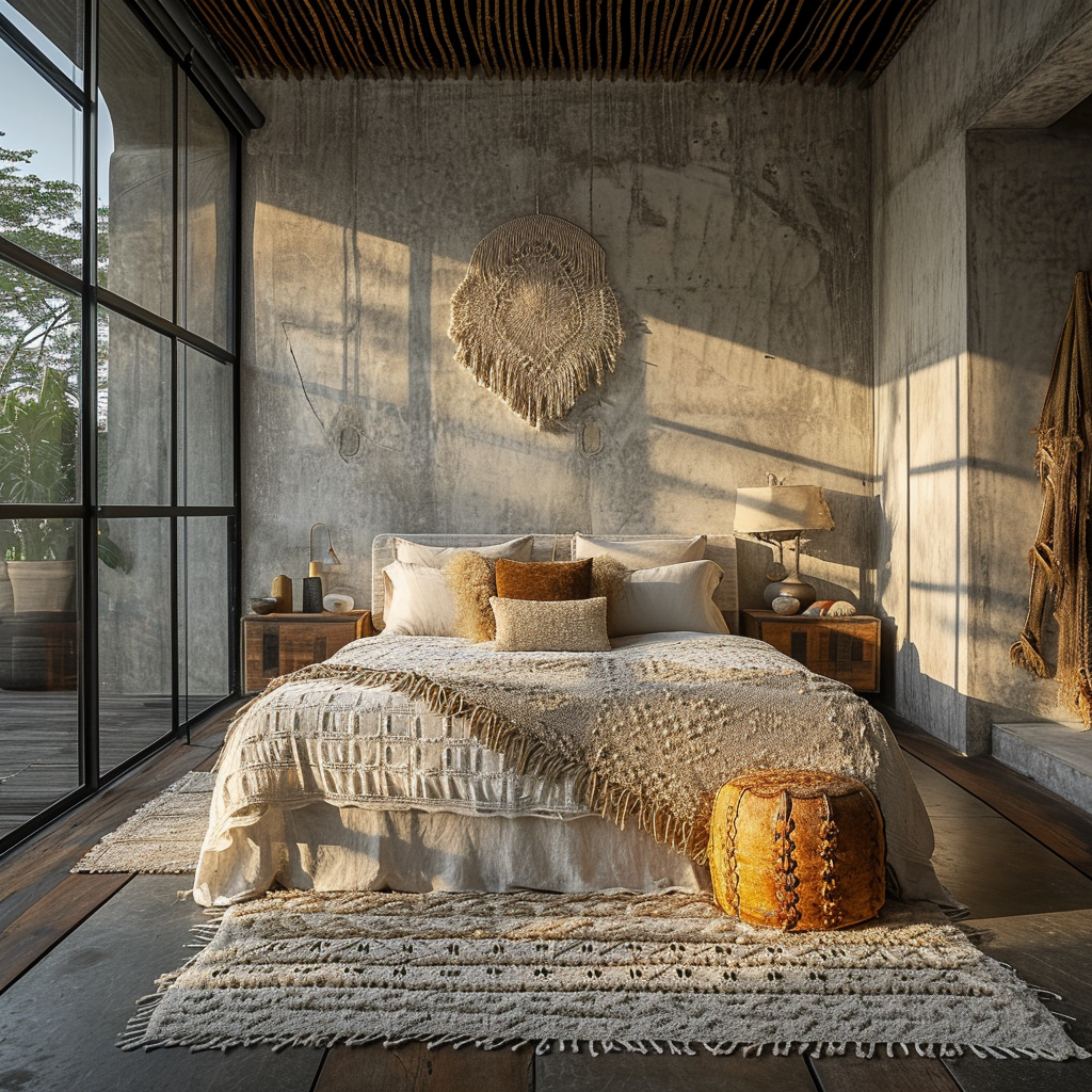 Sunlit Bohemian bedroom with airy curtains and a vintage chest