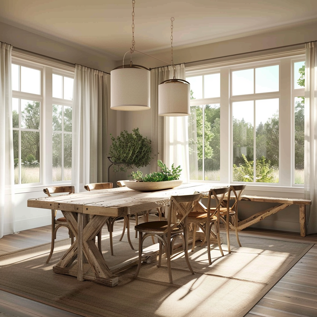 Sunlit modern farmhouse kitchen highlighting the soft color palette and natural materials