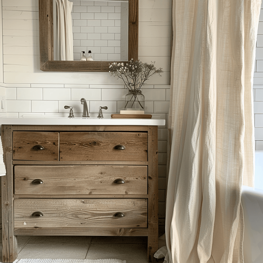 Sustainable Scandinavian bathroom featuring a countertop crafted from recycled glass and a natural linen shower curtain