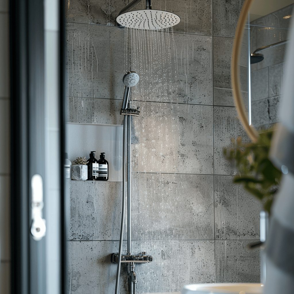 Sustainable Scandinavian bathroom with a lowflow handheld showerhead and a water conserving touchless faucet