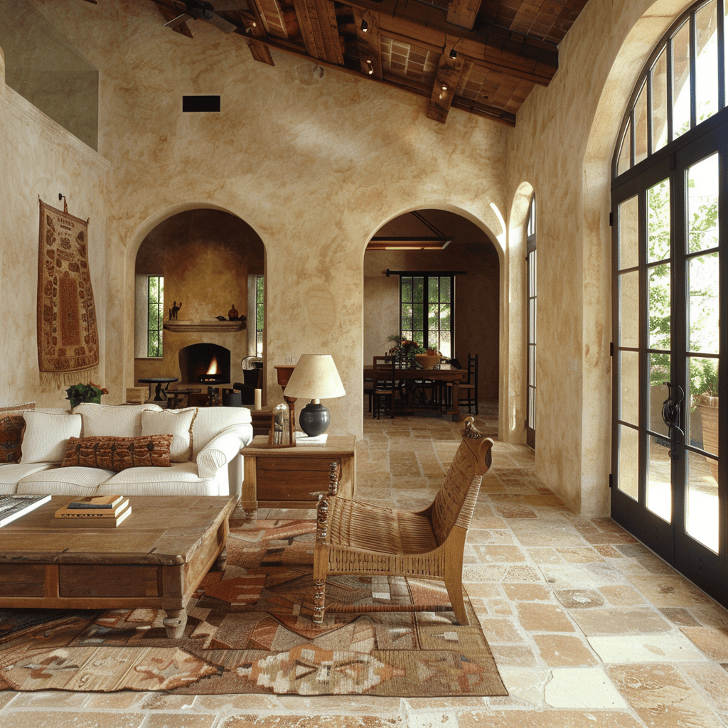 Tactile Mediterranean living room featuring plaster walls and an array of organic textures