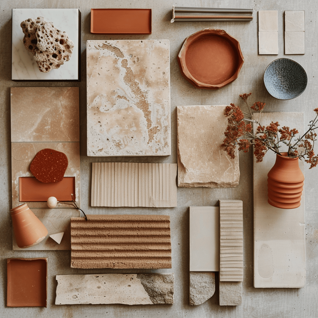 Terracotta shades featured on an interior design moodboard, illustrating their ability to add depth and warmth to any setting