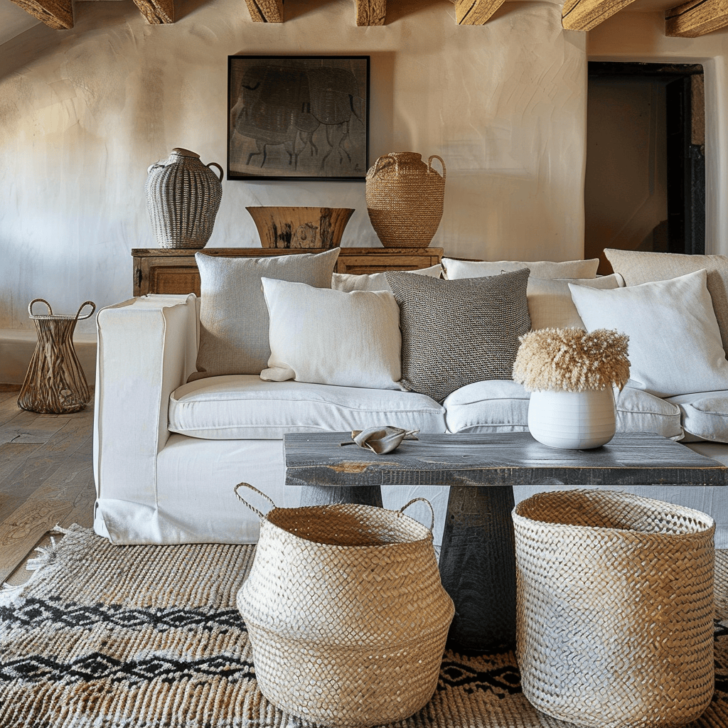 Textural Mediterranean living room with a focus on incorporating woven baskets for a cozy and inviting feel