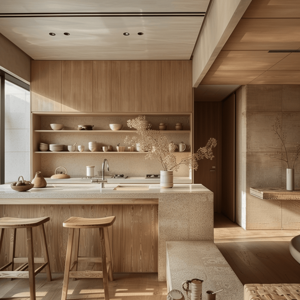 Textured handmade tiles in a Japandi kitchen backsplash