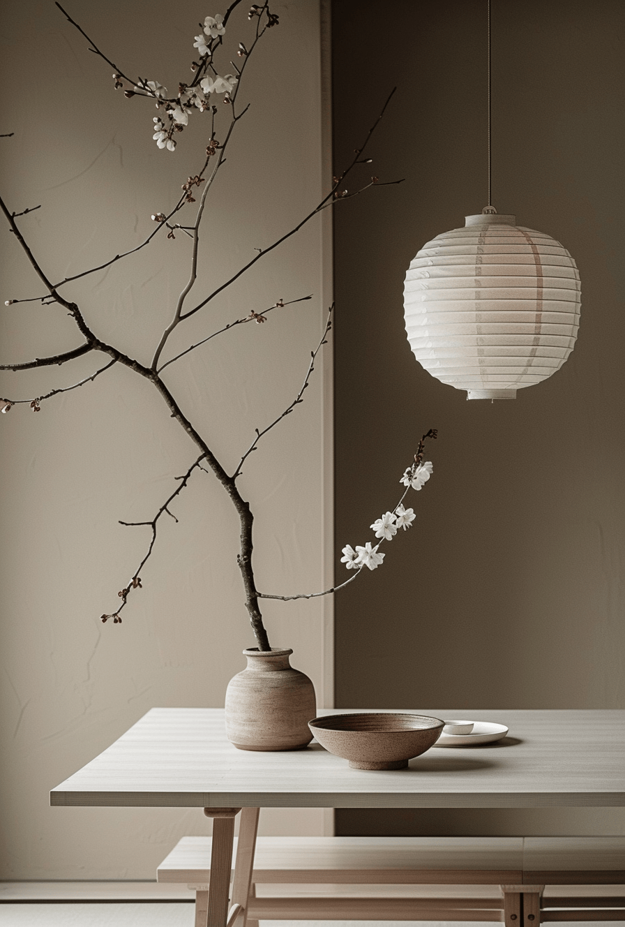 Textured linen tablecloths enhancing a Japandi dining room's warmth