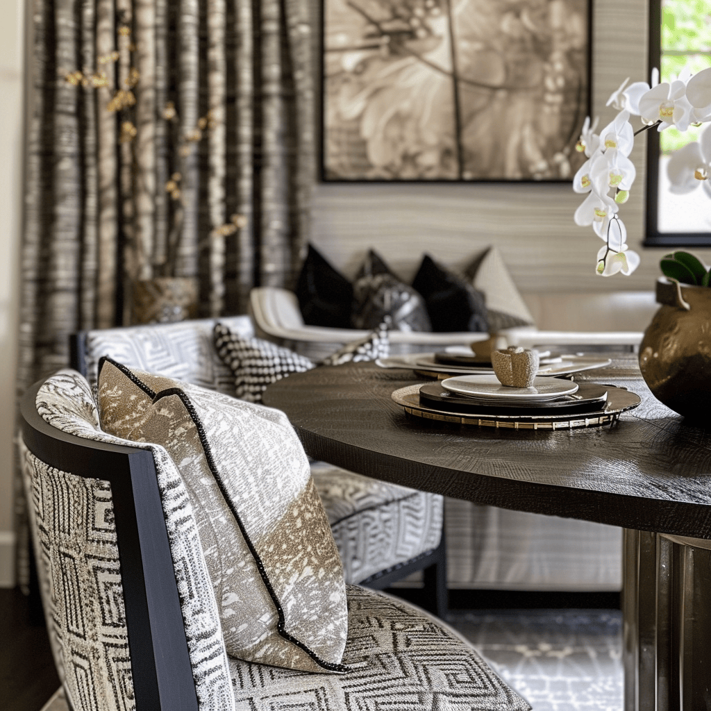 Textured upholstery, mixed fabrics, and layered linens work together to create an inviting atmosphere in this modern dining room
