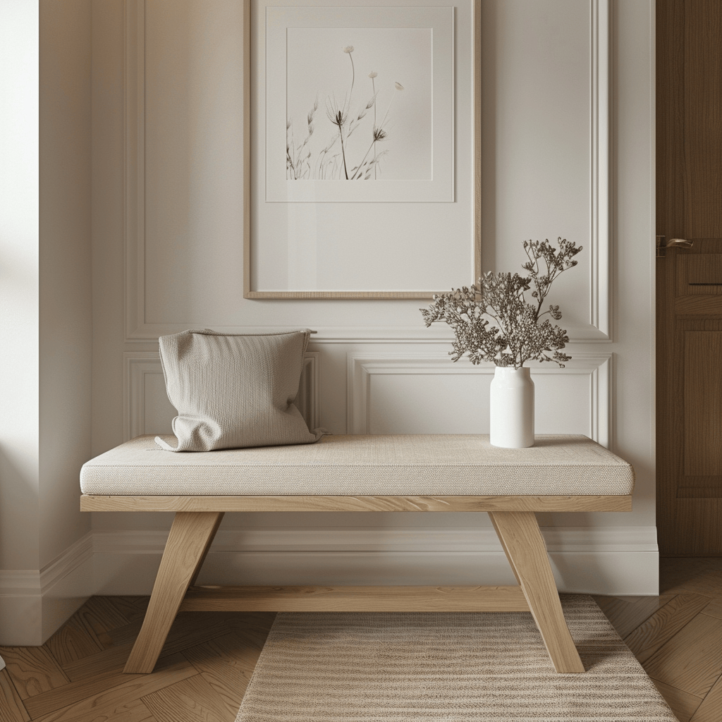 The addition of a plush, neutral-colored cushion on the bench in this Scandinavian hallway ensures comfort without compromising the simplicity