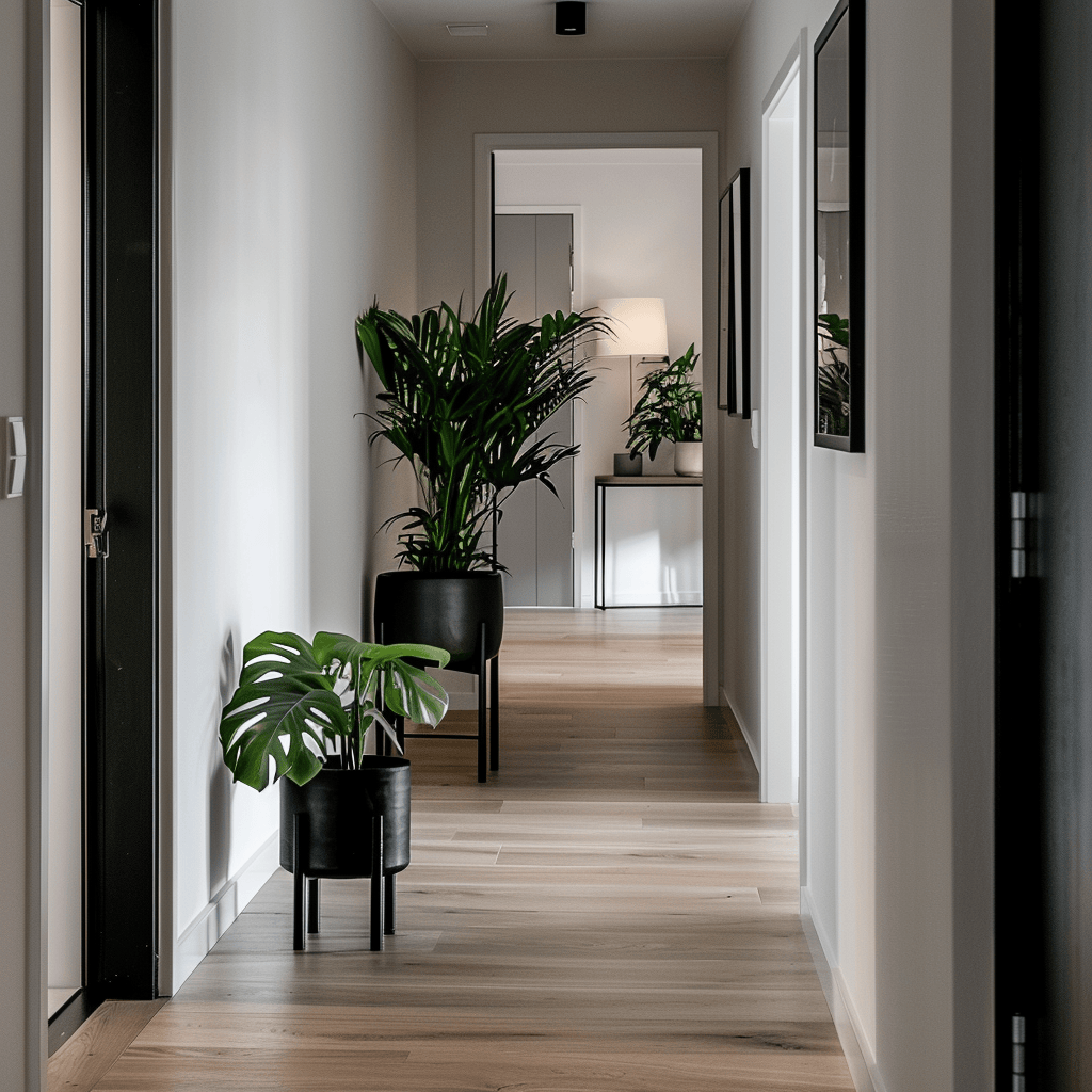 The addition of a potted snake plant in this Scandinavian hallway brings a touch of natural beauty